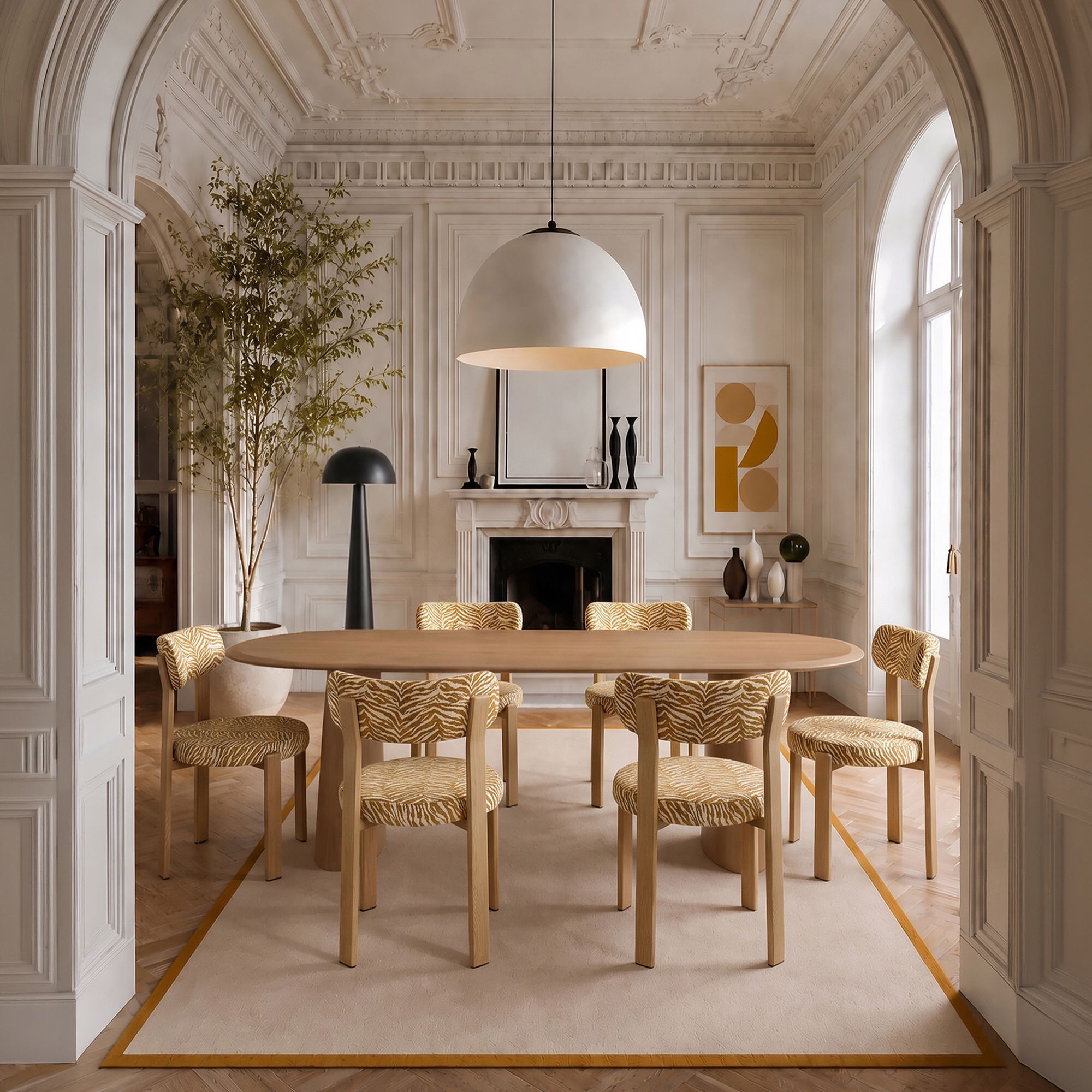 Ensemble table ovale 220cm et 6 chaises en tissu zèbre safran LILY