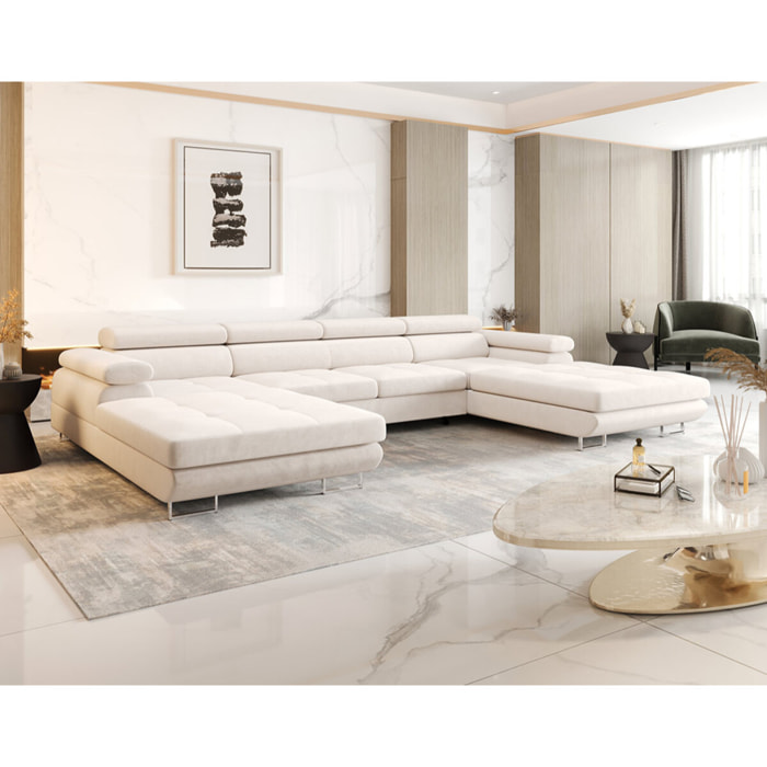 Ayden - Canapé panoramique en U 7 places convertible avec coffre et têtières réglables en tissu - Beige