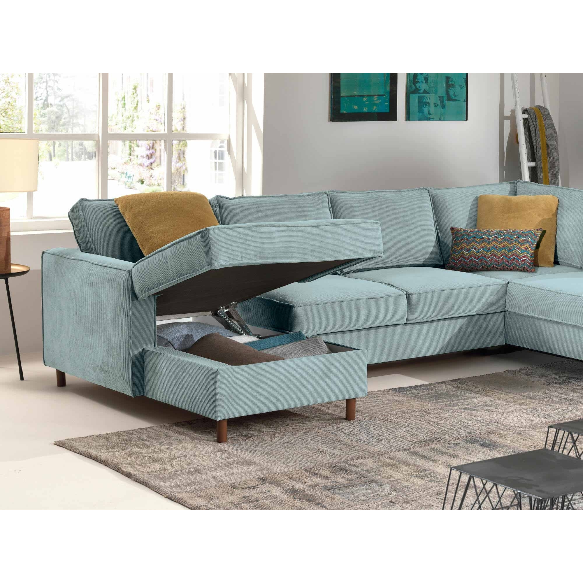 Jake - canapé panoramique d'angle droit - convertible avec coffre - 7 places - en velours côtelé - Bleu