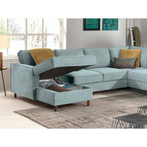 Jake - canapé panoramique d'angle droit - convertible avec coffre - 7 places - en velours côtelé - Bleu
