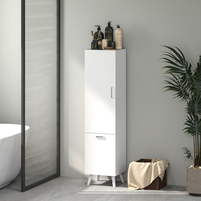 Colonne salle de bain - porte, 2 étagères, panier à linge - dim. 35 x 31,5 x 144 cm - blanc