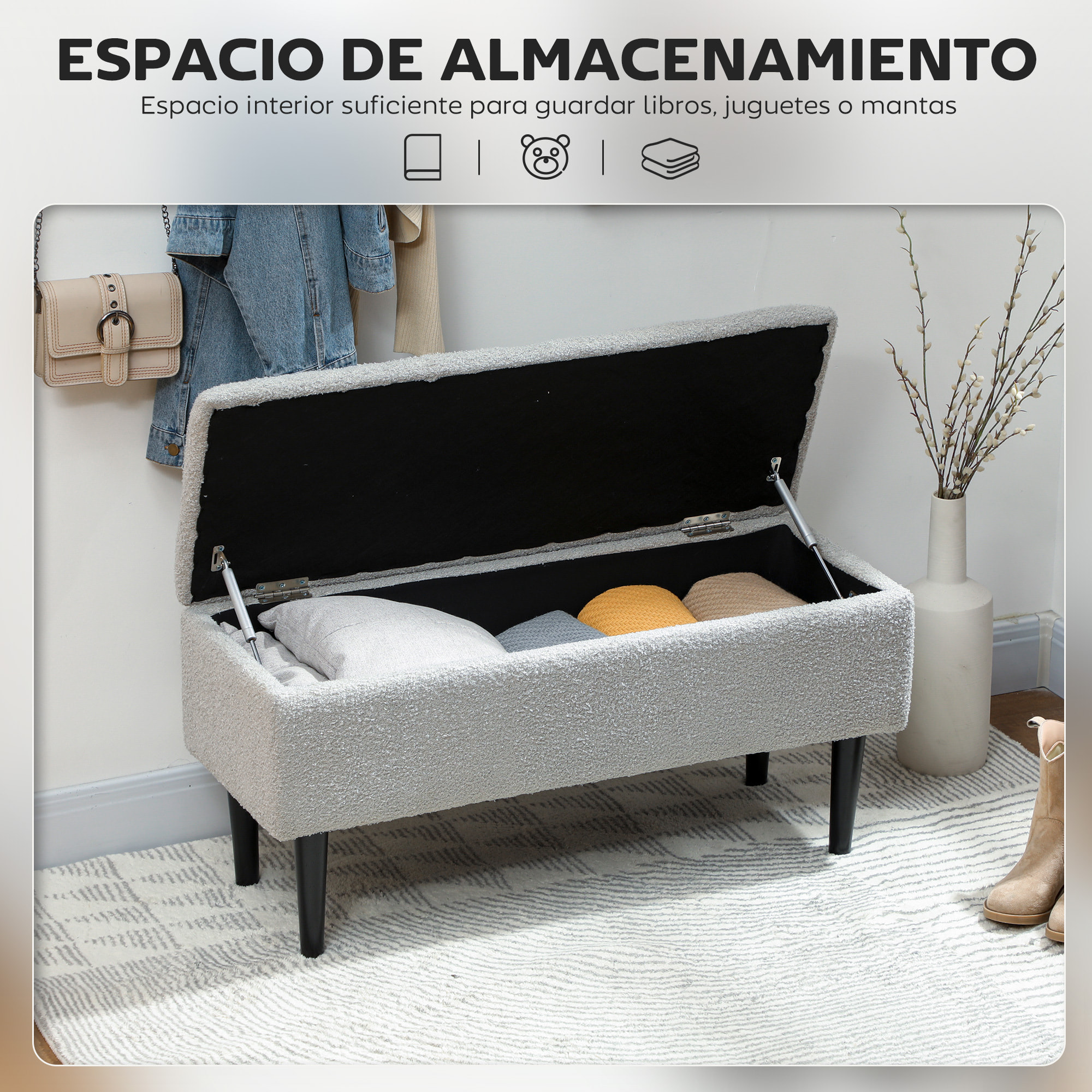 Puff Almacenaje, Banco Almacenaje Plegable, Capacidad de 47 L, 95x38x45 cm, Tapizado en Borreguito, Pie de Cama con Tapa Abatible y Patas de Madera, para Salón, Dormitorio, Entrada, Gris