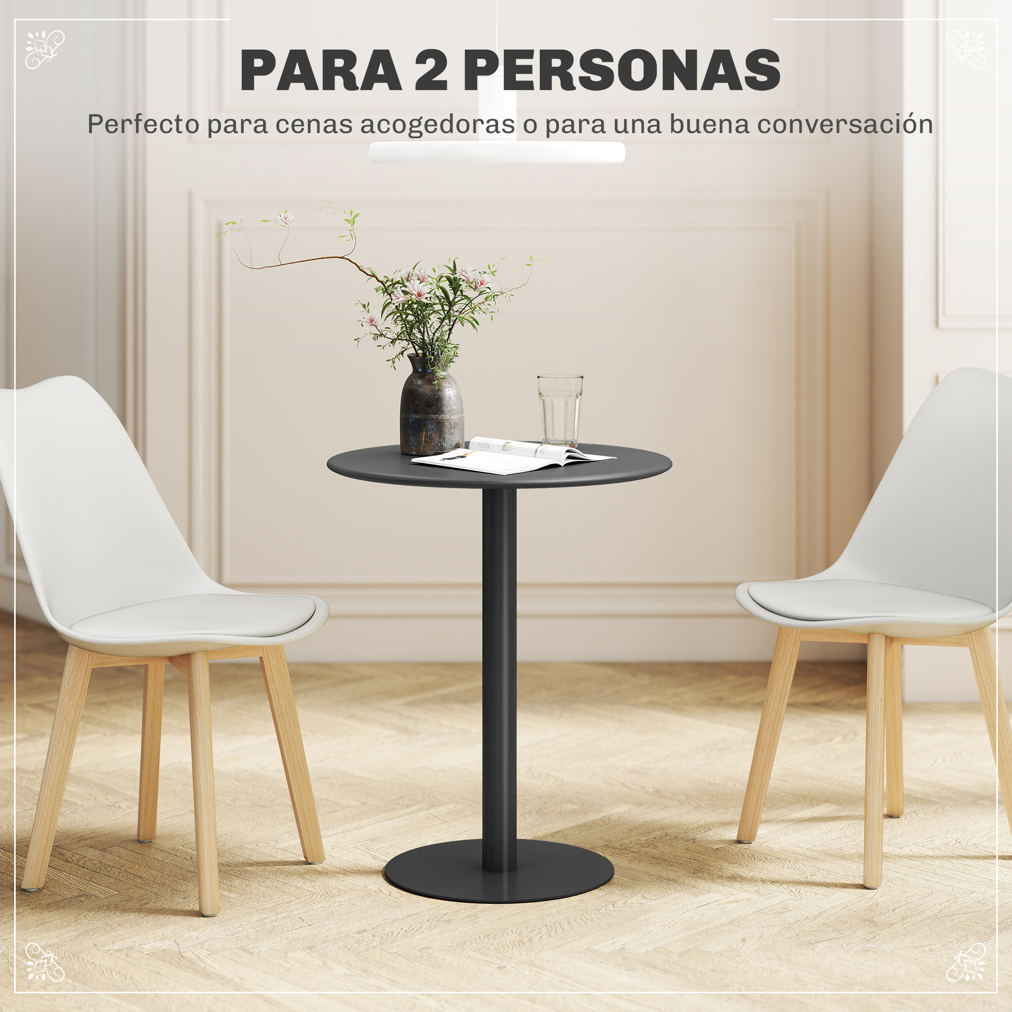 Mesa de Comedor Redonda para 2 Personas Mesa de Cocina de Acero para Interior y Exterior Ø60x72 cm Negro
