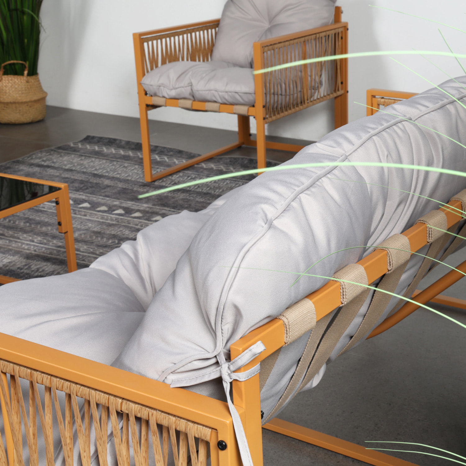 FORLI Salon de jardin 8 places effet rotin coussins gris clair