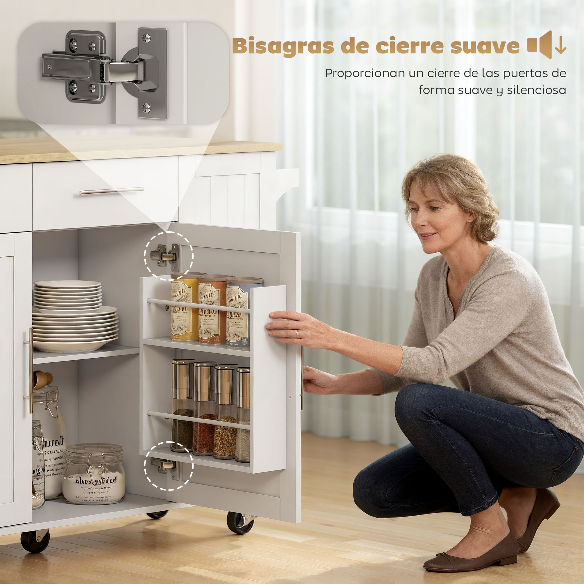 Isla de Cocina con Ruedas, Encimera Plegable, Carro de Cocina con 2 Puertas con Cierre Suave, Bandeja Extraíble de 3 Niveles, 2 Cajones, Barra para Colgar, Blanco