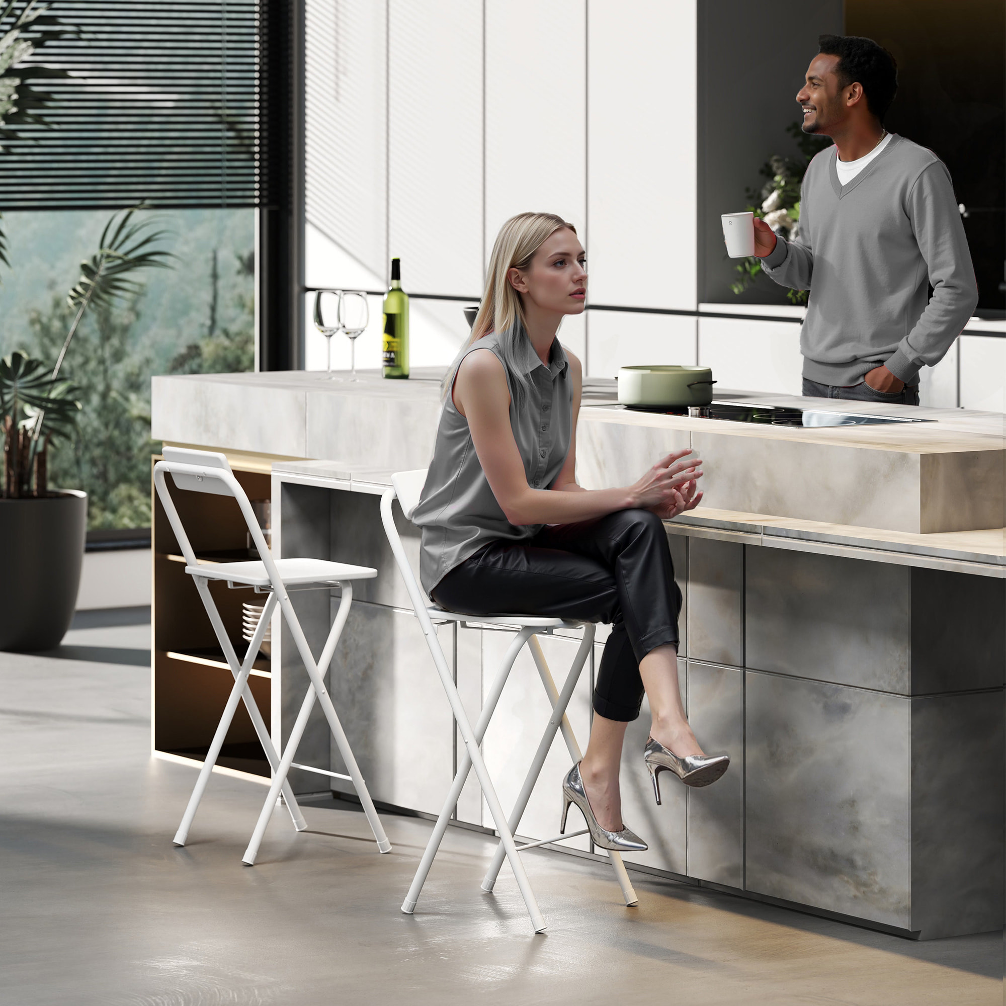 Juego de 2 Taburetes de Bar Plegables Taburetes Altos de Cocina con Respaldo Reposapiés y Marco de Acero para Comedor Mostrador Blanco