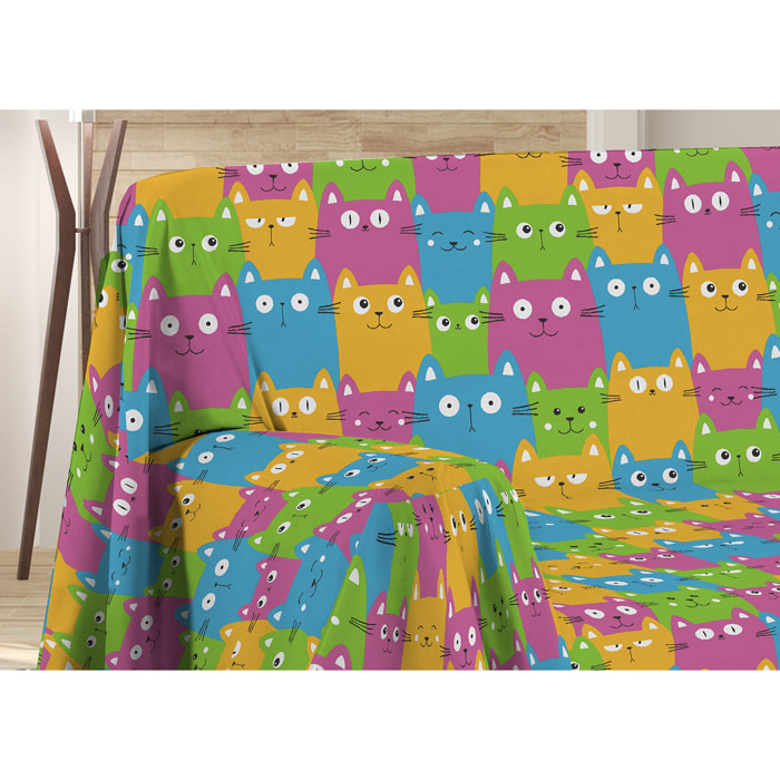 Telo Arredo Multiuso In 100% Cotone Disegno Happy Cat Multicolor