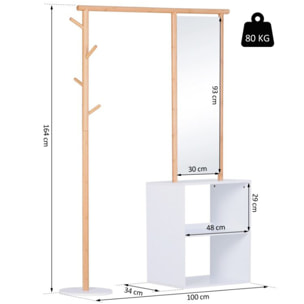 Porte-manteaux meuble d'entrée avec penderie + miroir MDF bambou