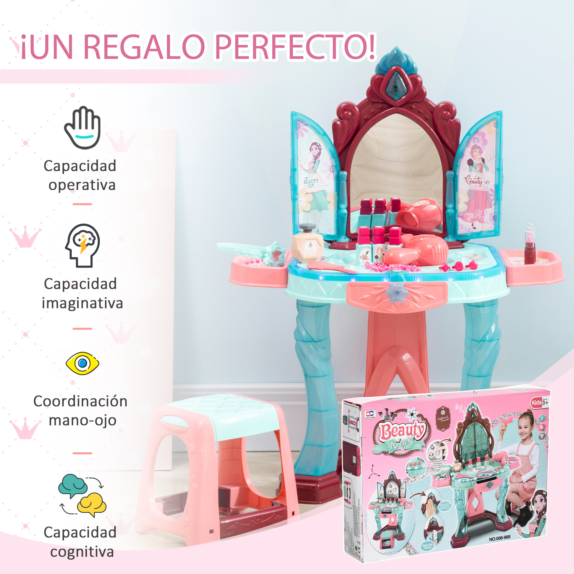 Tocador de Juguete para Niñas de +3 Años con Taburete Espejo Luz Música y Secador Incluye 31 Accesorios Tocador de Maquillaje 57x34x76 cm Multicolor