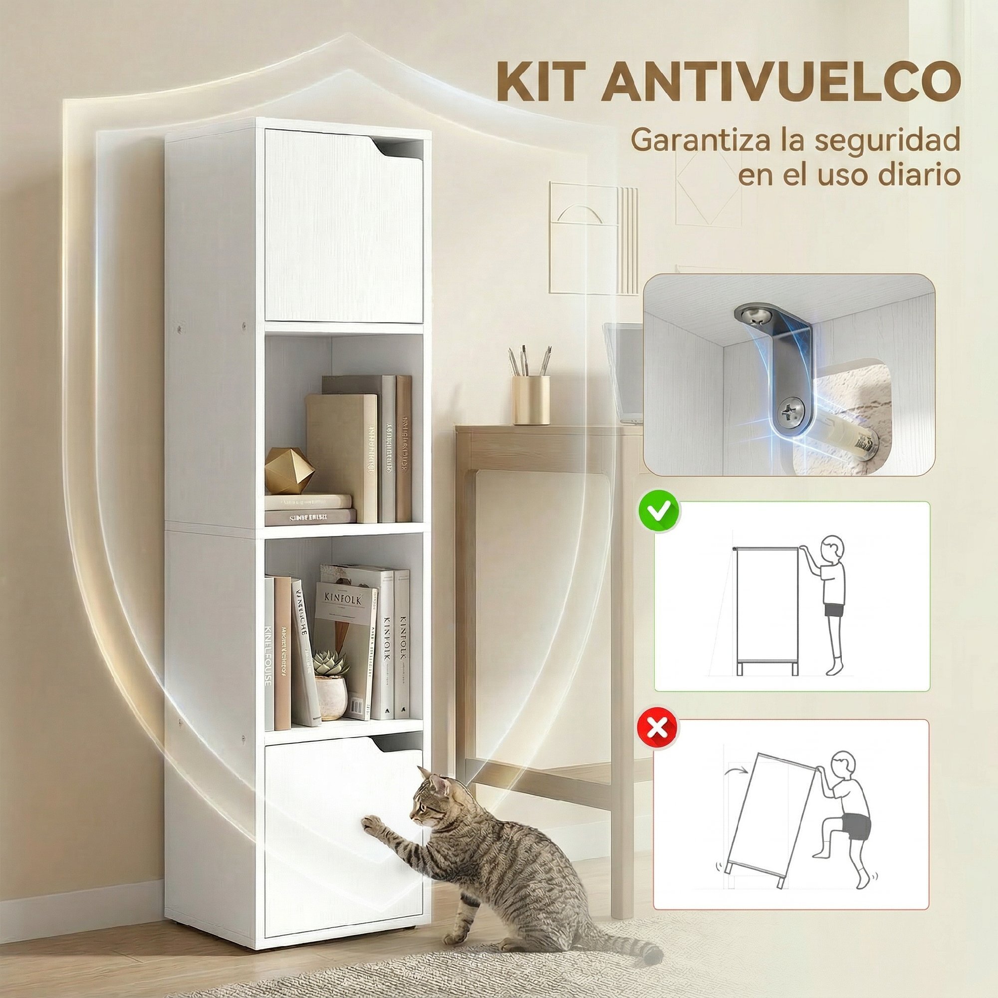 Estantería para Libros con 2 Puertas, Librería Estrecha de 4 Niveles con 2 Estantes Abiertos, Armario Alto para Salón, Estudio, Oficina, 30x29x119 cm, Blanco