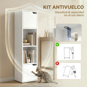 Estantería para Libros con 2 Puertas, Librería Estrecha de 4 Niveles con 2 Estantes Abiertos, Armario Alto para Salón, Estudio, Oficina, 30x29x119 cm, Blanco