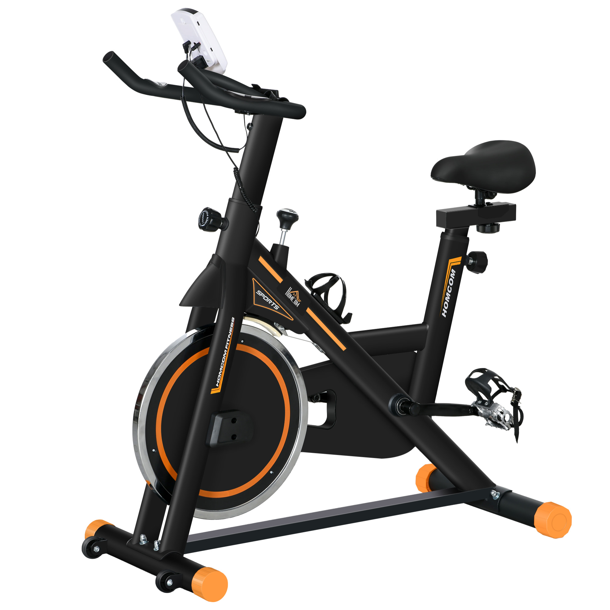 Vélo d'appartement réglable - vélo biking cardio - volant d'inertie 8 Kg, écran LCD, support Ipad, gourde - acier orange noir