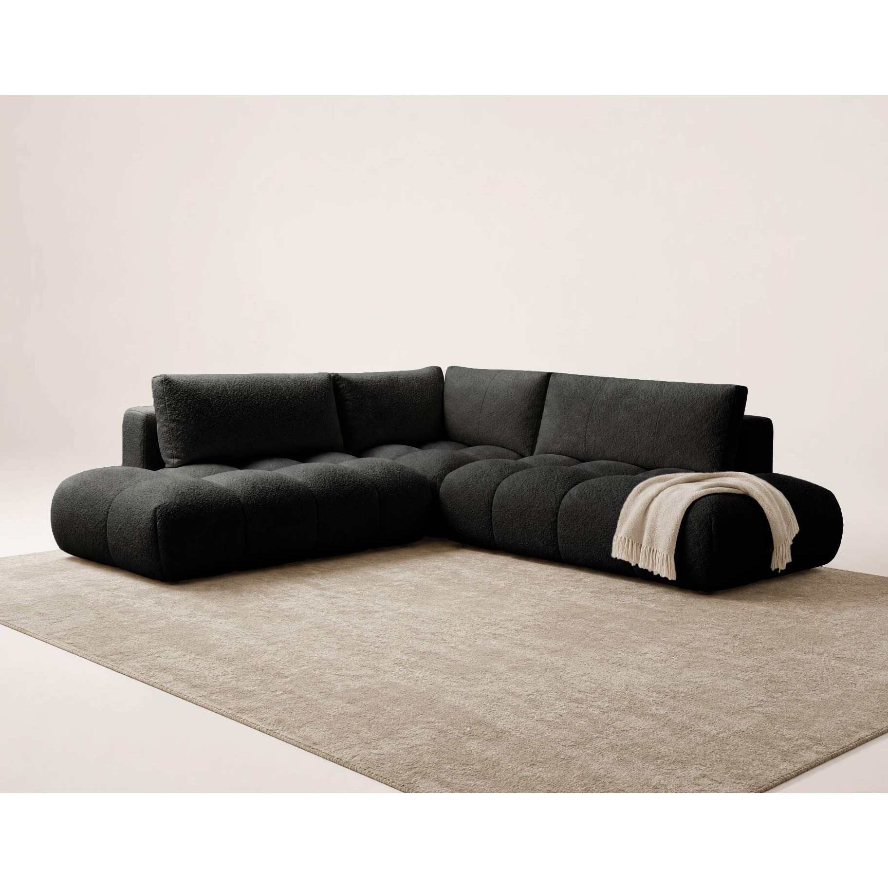 Yulin - Canapé d'angle L 5 places convertible avec coffre en tissu bouclette - Noir