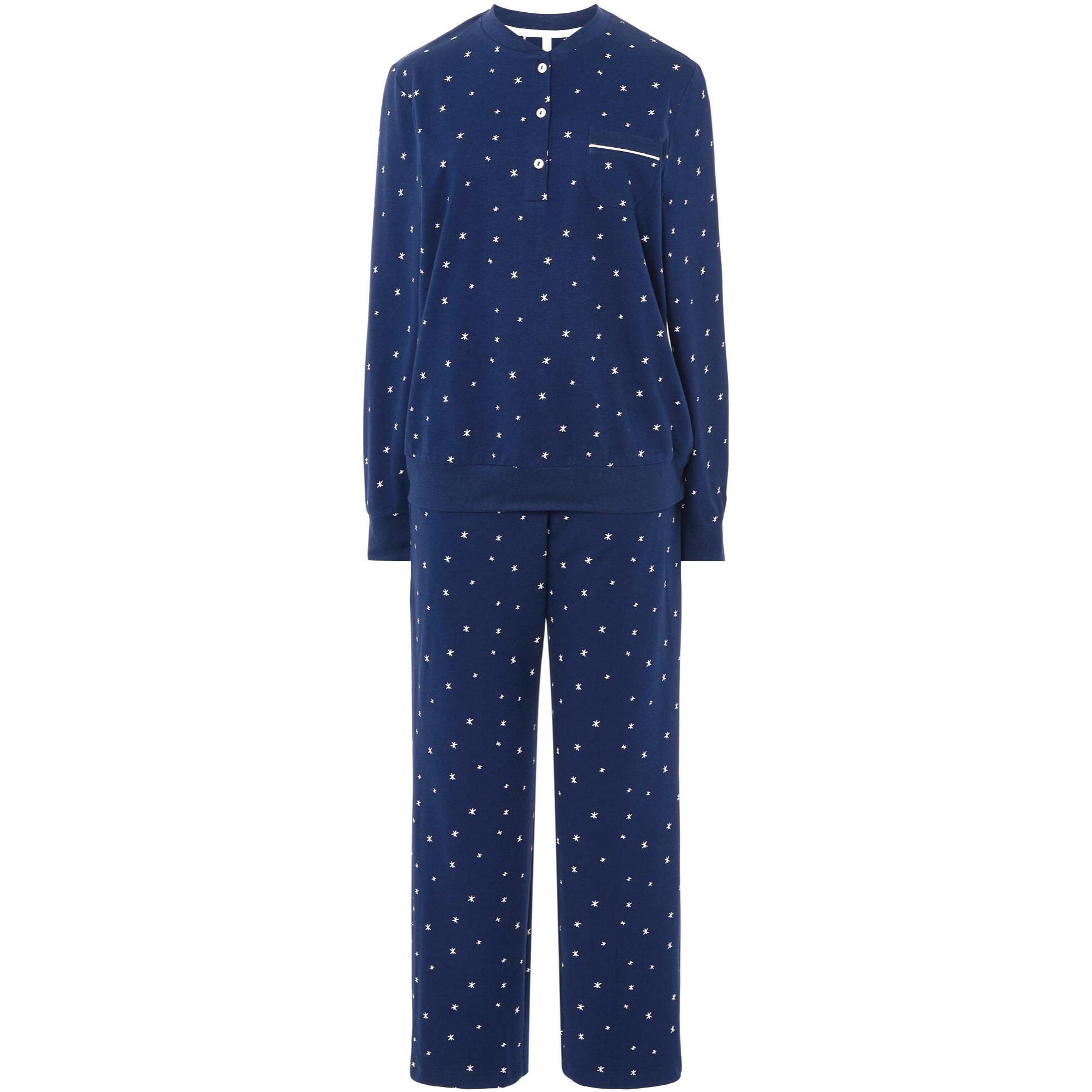 Pijama mujer estampado estrellas, cuello abierto con botones, con bolsillo, manga larga con puños y pantalón largo