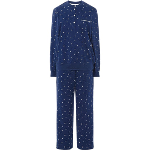 Pijama mujer estampado estrellas, cuello abierto con botones, con bolsillo, manga larga con puños y pantalón largo