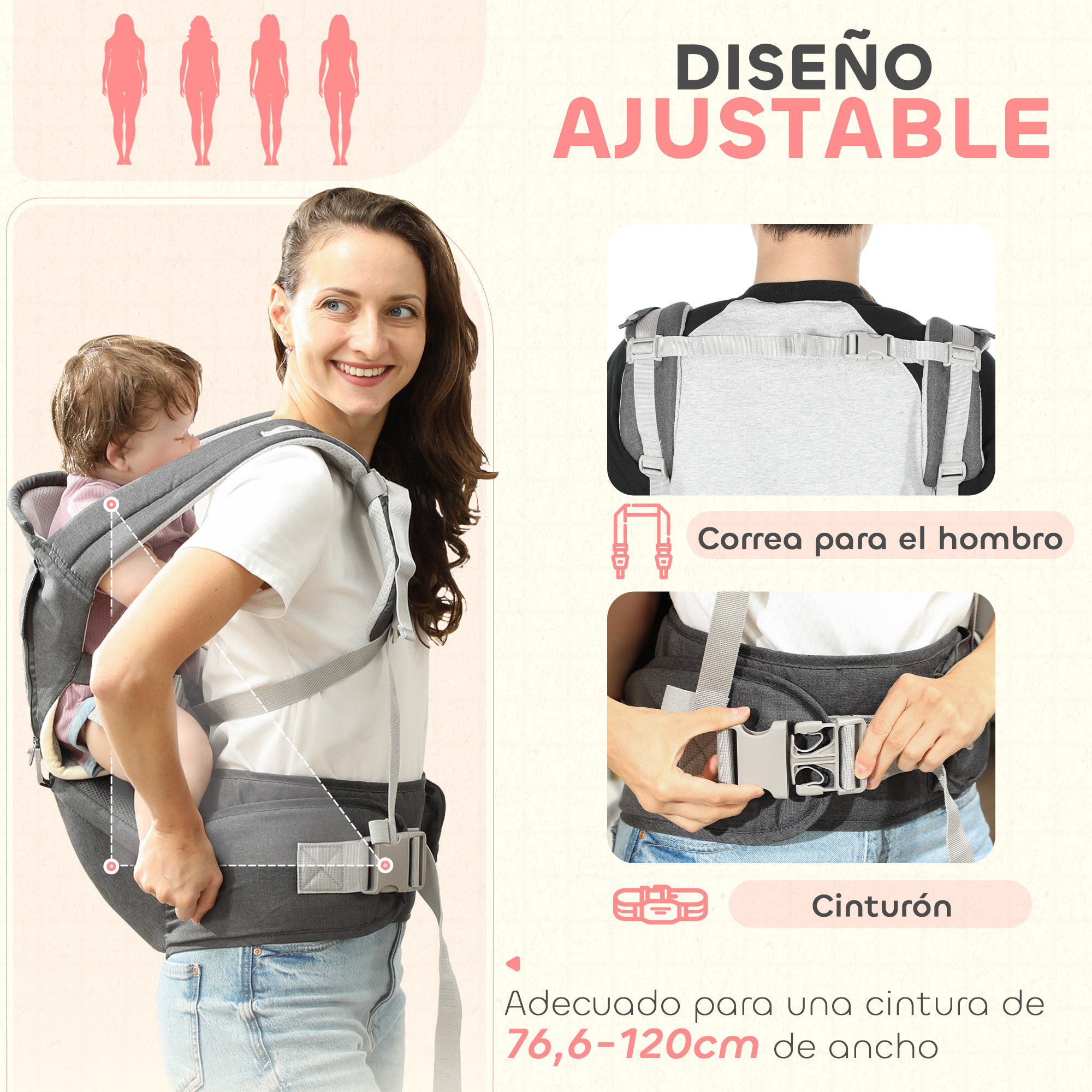 Mochila Portabebés de Recién Nacido hasta 36 Meses Portabebés con Asiento Extraíble Cinturón Ajustable y Bolsillo de Almacenamiento Carga 15 kg Gris