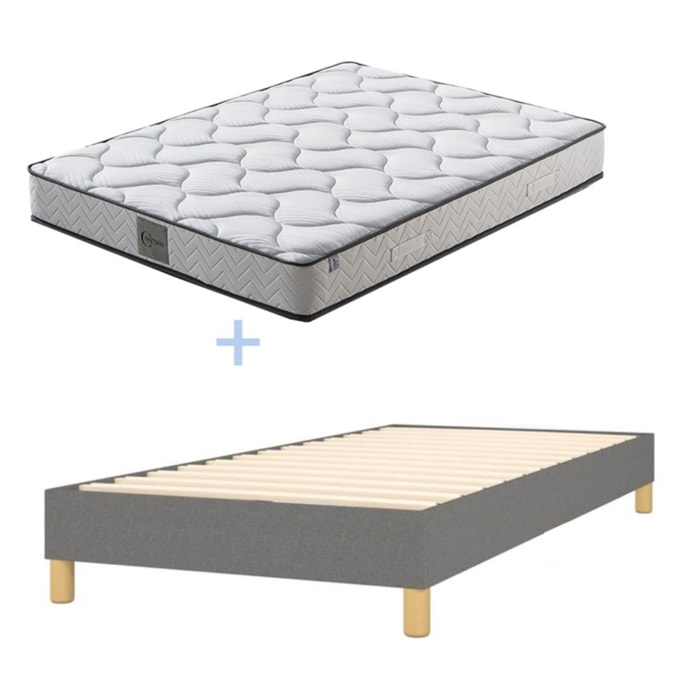 Ensemble matelas Cosmos & sommier déco| Mémoire de forme et ressorts ensachés | Cadre à lattes | Tissu | Gris Clair