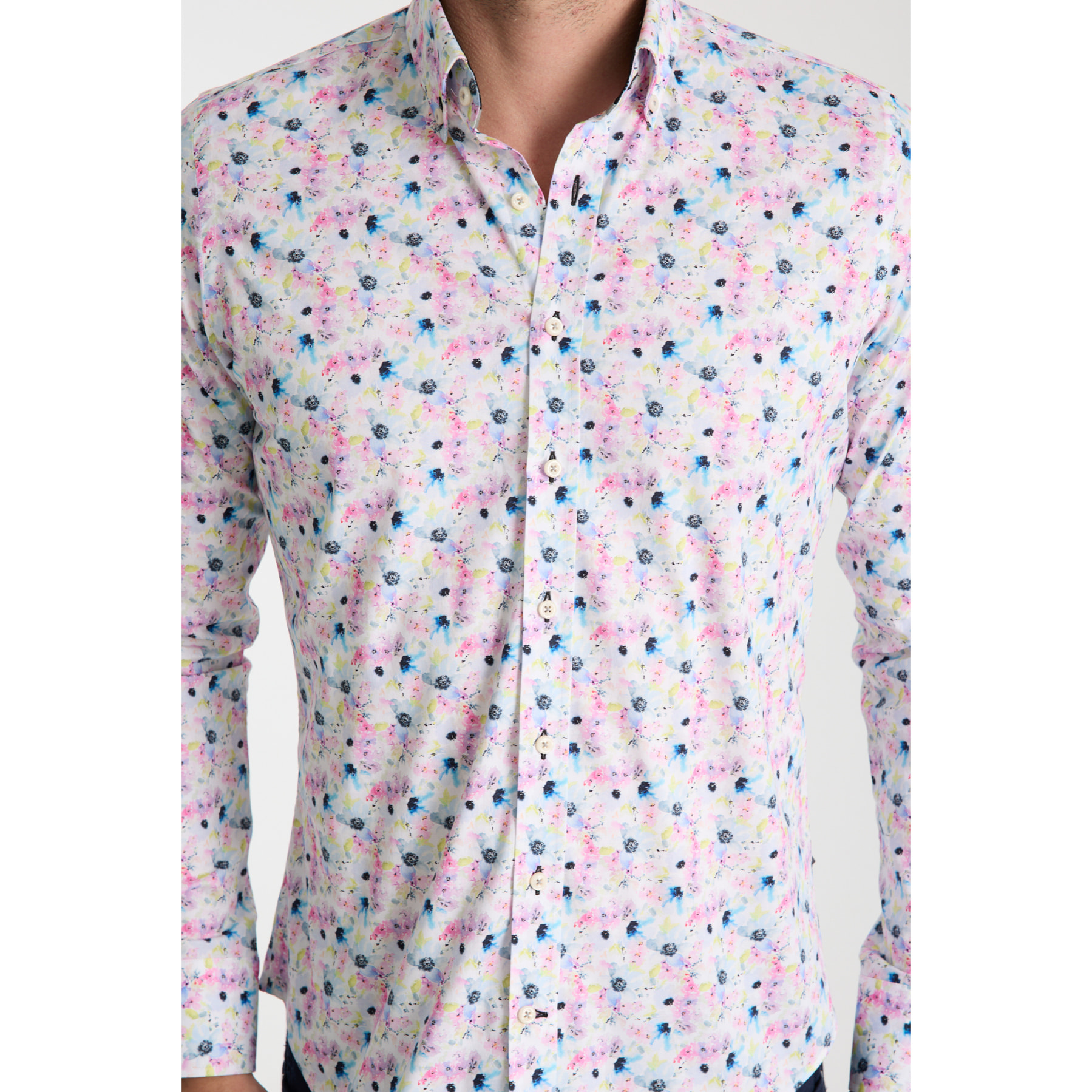 camicia uomo 1 bottone button down slim Popeline Stretch Stampato Bianco Rosa Cipria