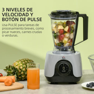 HOMCOM Procesador de Alimentos Robot de Cocina 650W Bol de 1L Vaso de 1,25L Amasador Batidora Exprimidor con Pantalla LED 3 Velocidades Función de Pulso Acero Inoxidable 23,5x21x17,5 cm Plata