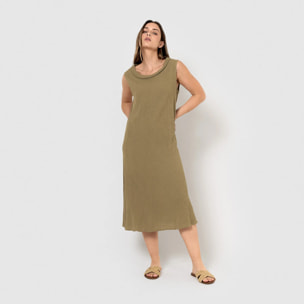Vestido midi cuello drapeado algodón lino verde cacería