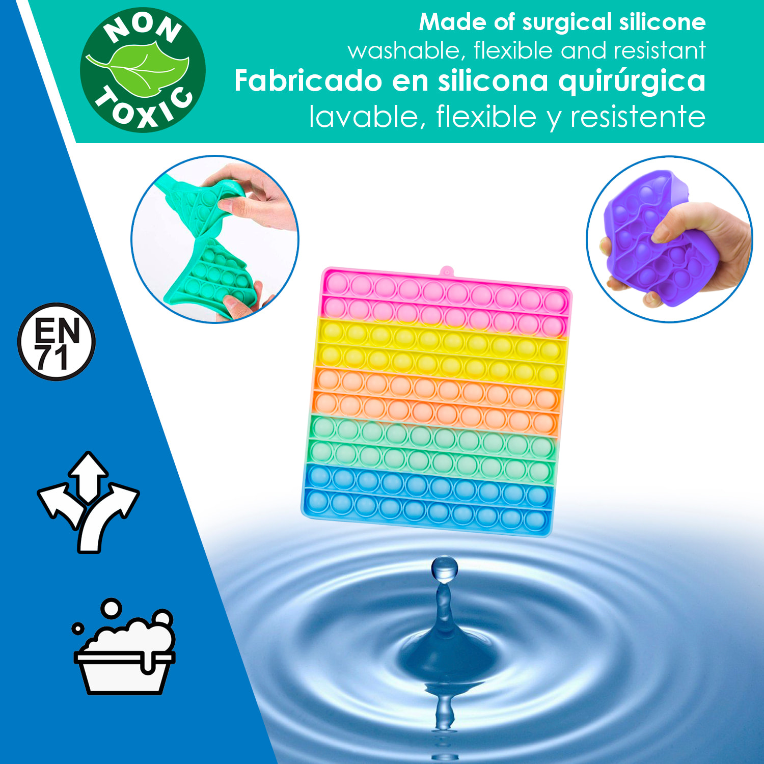 DAM Bubble Pop It, 20cm. cuadrado multicolor. Juguete sensitivo desestresante, burbujas de silicona para apretar y pulsar.Color aleatorio 20x1,6x20 Cm. Color: Multicolor