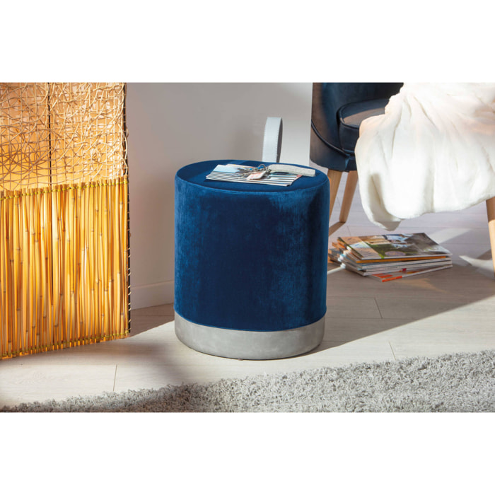 Pouf in velluto blu e grigio con manico in ecopelle, 38 x 43 x 32.5, Blu