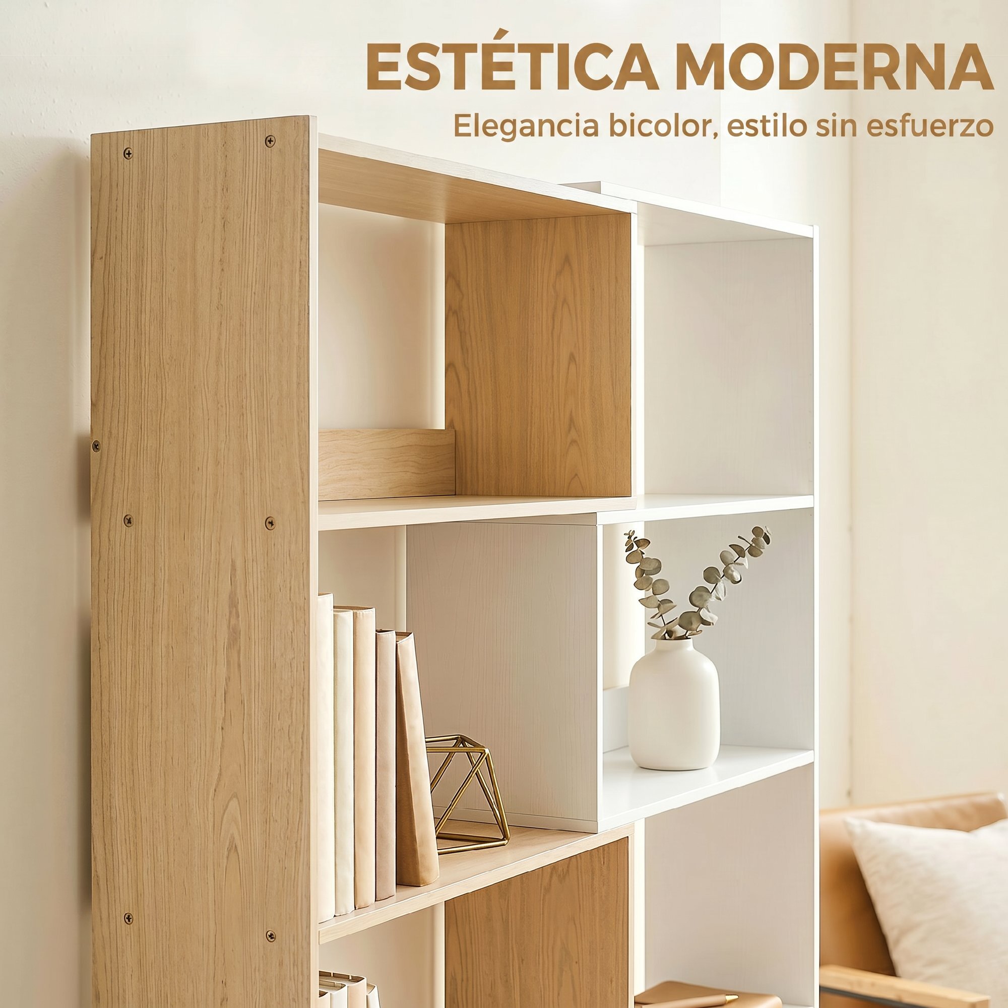 Estantería Expandible 5 Niveles, Librería para Libros Giratoria 350°, Ancho Ajustable, Convertible en en L, Recta o Compacta para Salón, Dormitorio, Estudio 111,5x23,8x163,7 cm Natural y Blanco