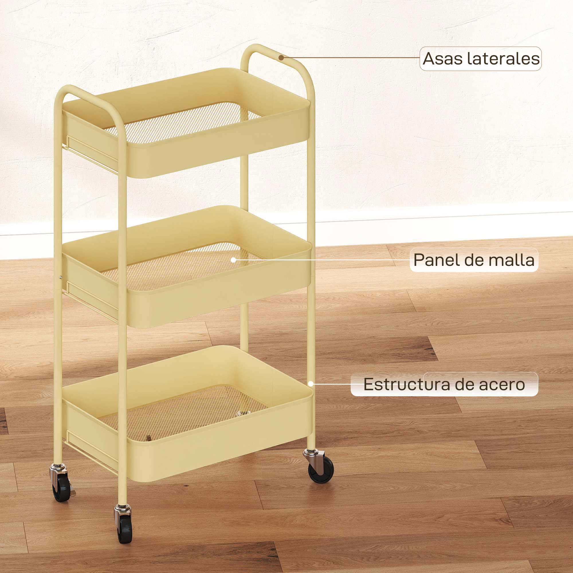 Carrito Auxiliar con Ruedas de 3 Niveles, Carrito de Cocina con 3 Cestas y 2 Asas, para Baño, Dormitorio, Oficina, 45x30,6x79 cm, Amarillo