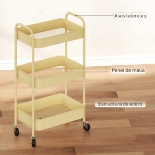 Carrito Auxiliar con Ruedas de 3 Niveles, Carrito de Cocina con 3 Cestas y 2 Asas, para Baño, Dormitorio, Oficina, 45x30,6x79 cm, Amarillo