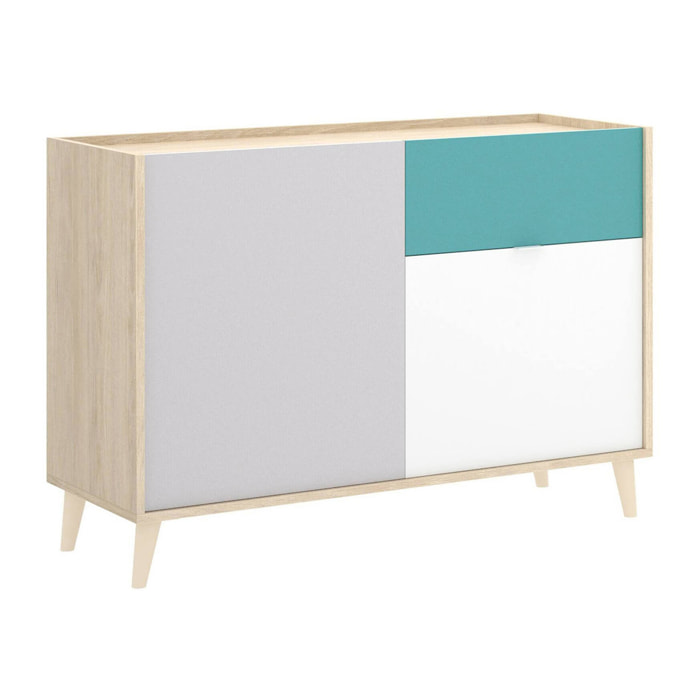 Credenza Mitchell, Buffet da soggiorno, Madia moderna da salotto a 2 ante, 105x43h75 cm, Bianco e Rovere