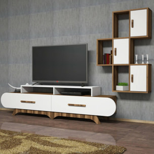 Parete attrezzata Dporchi, Composizione soggiorno, Mobile salotto multiuso, Armadio porta TV, 205x37h50 cm, Noce e Bianco