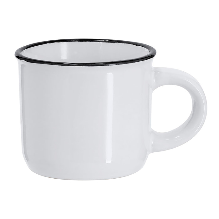 Tazza di ceramica da 85 ml di capacità con design vintage. In elegante design bicolore. Progettata appositamente per la marcatura in sublimazione.