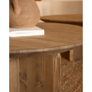 Table basse ronde en bois massif ton chêne foncé en différentes tailles