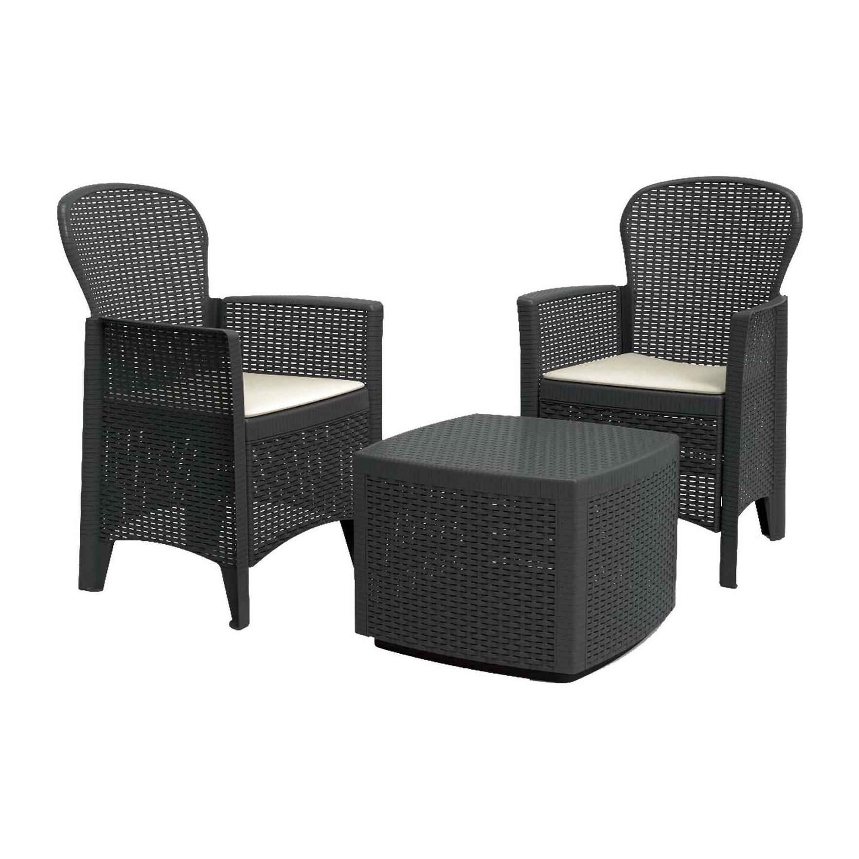 Set salotto da esterno Napoli, Set da giardino con 2 poltrone ed 1 tavolino contenitore, Salottino effetto rattan, 100% Made in Italy, Antracite