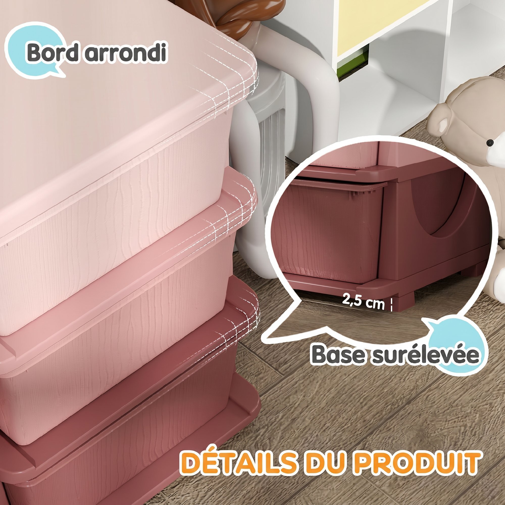 Organisateur de jouets enfant 3 tiroirs - boîtes de rangement plastique - PP rose
