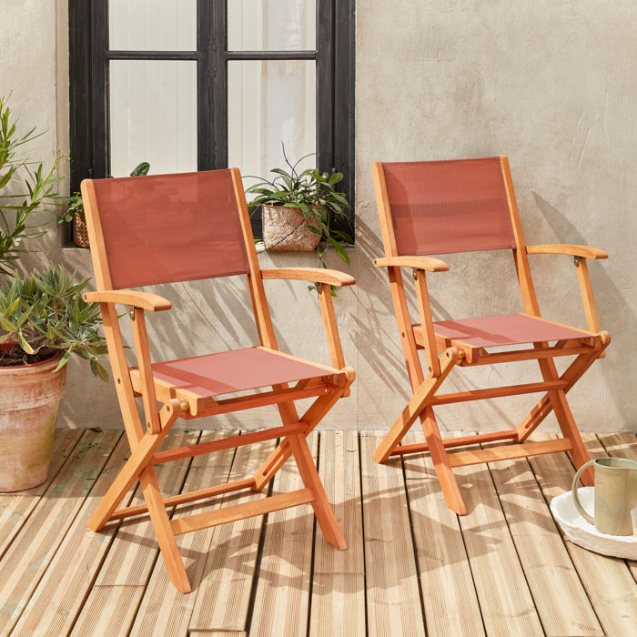 Fauteuils de jardin en bois et textilène - Almeria Terra cotta - 2 fauteuils pliants en bois d'Eucalyptus huilé et textilène
