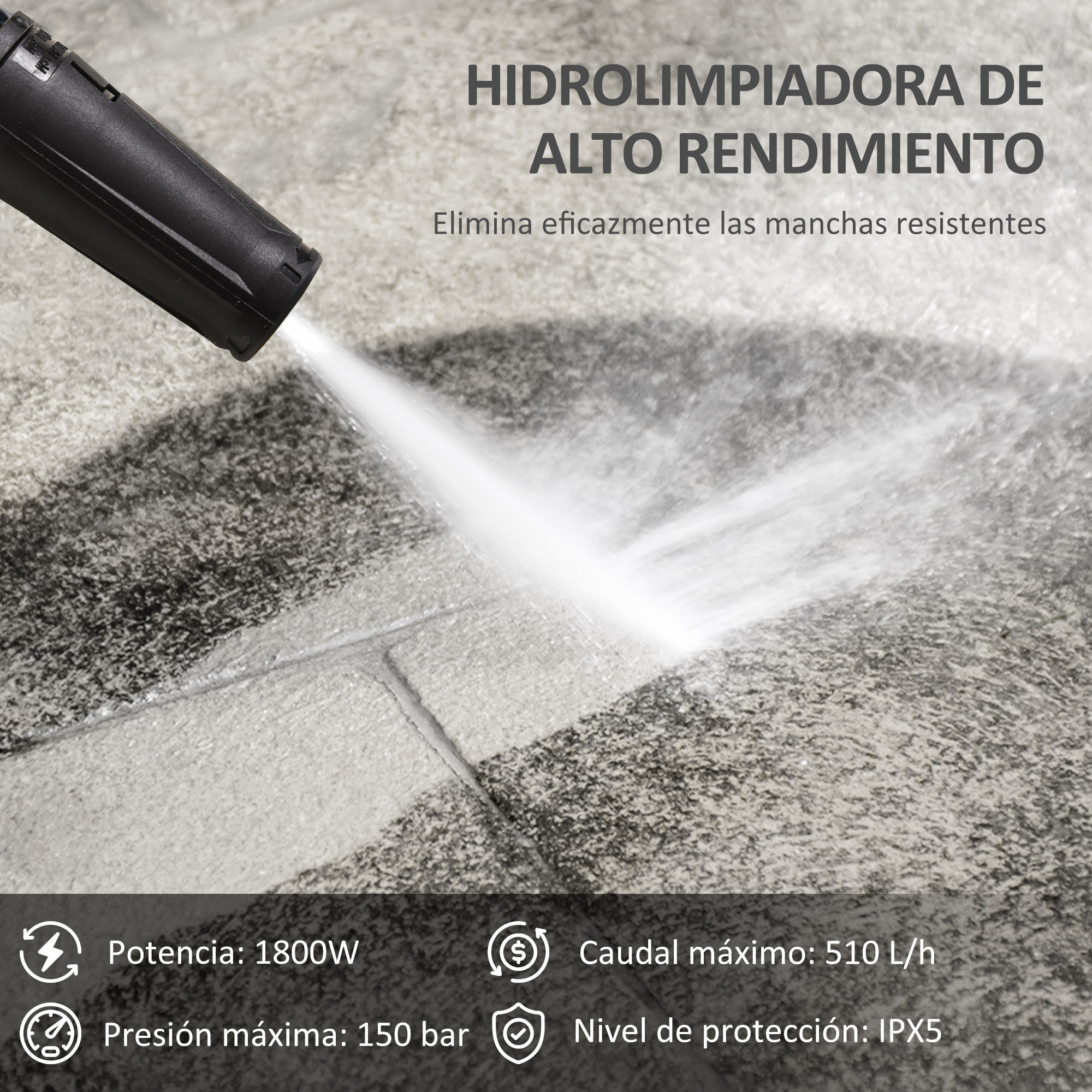 Hidrolimpiadora de Alta Presión 1800W Caudal 510 L/h con Bomba de Aluminio Parada Automática Presión de 150 Bar Manguera de 6 m Incluye Botella de Jabón Boquilla Cepillo Verde y Negro