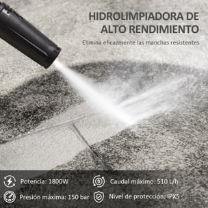 Hidrolimpiadora de Alta Presión 1800W Caudal 510 L/h con Bomba de Aluminio Parada Automática Presión de 150 Bar Manguera de 6 m Incluye Botella de Jabón Boquilla Cepillo Verde y Negro