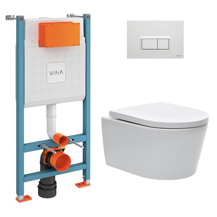 Pack WC Bâti-support V-Fix Core + WC SAT sans bride et fixations invisibles + Plaque, Blanc brillant (V-FixSATrimless-1)