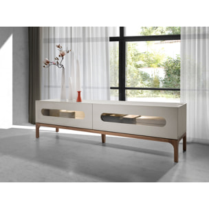 Mueble TV Angel Cerdá con estructura de madera de MDF en gris y patas de madera en nogal con iluminación interior 180x41x51cm