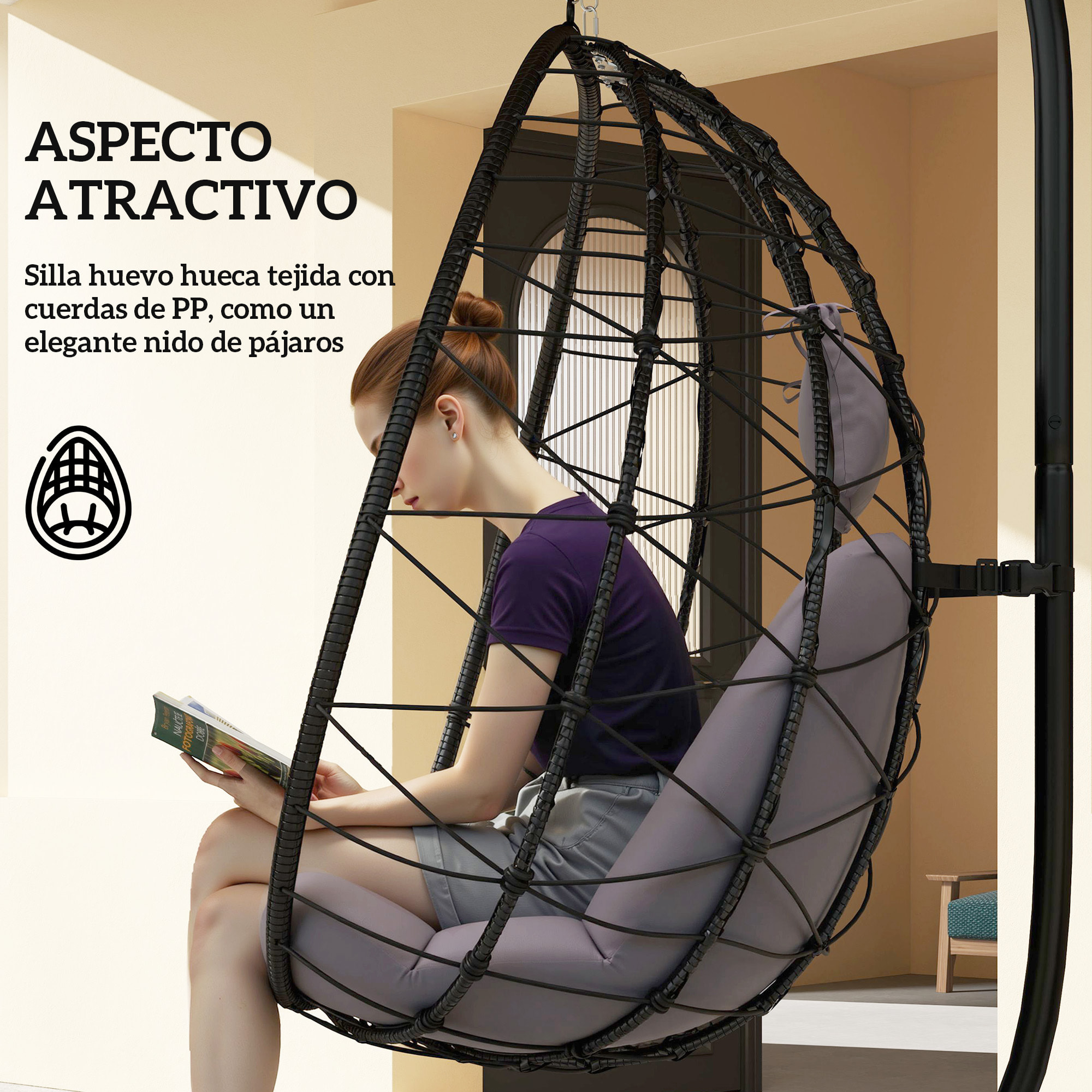 Silla Colgante Huevo con Soporte Columpio Jardín Exterior con Cesta Plegable Cojín y Reposacabezas Columpio Colgante para Interior y Exterior Carga 120 kg Gris