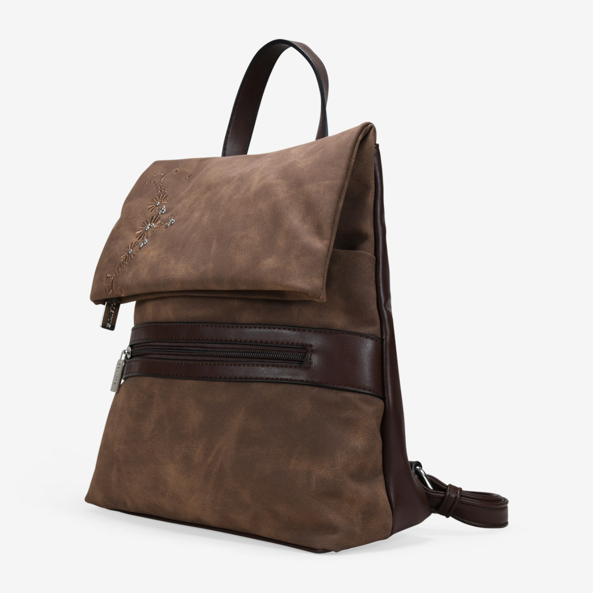 Mochila antirrobo marrón con bordado y tachas