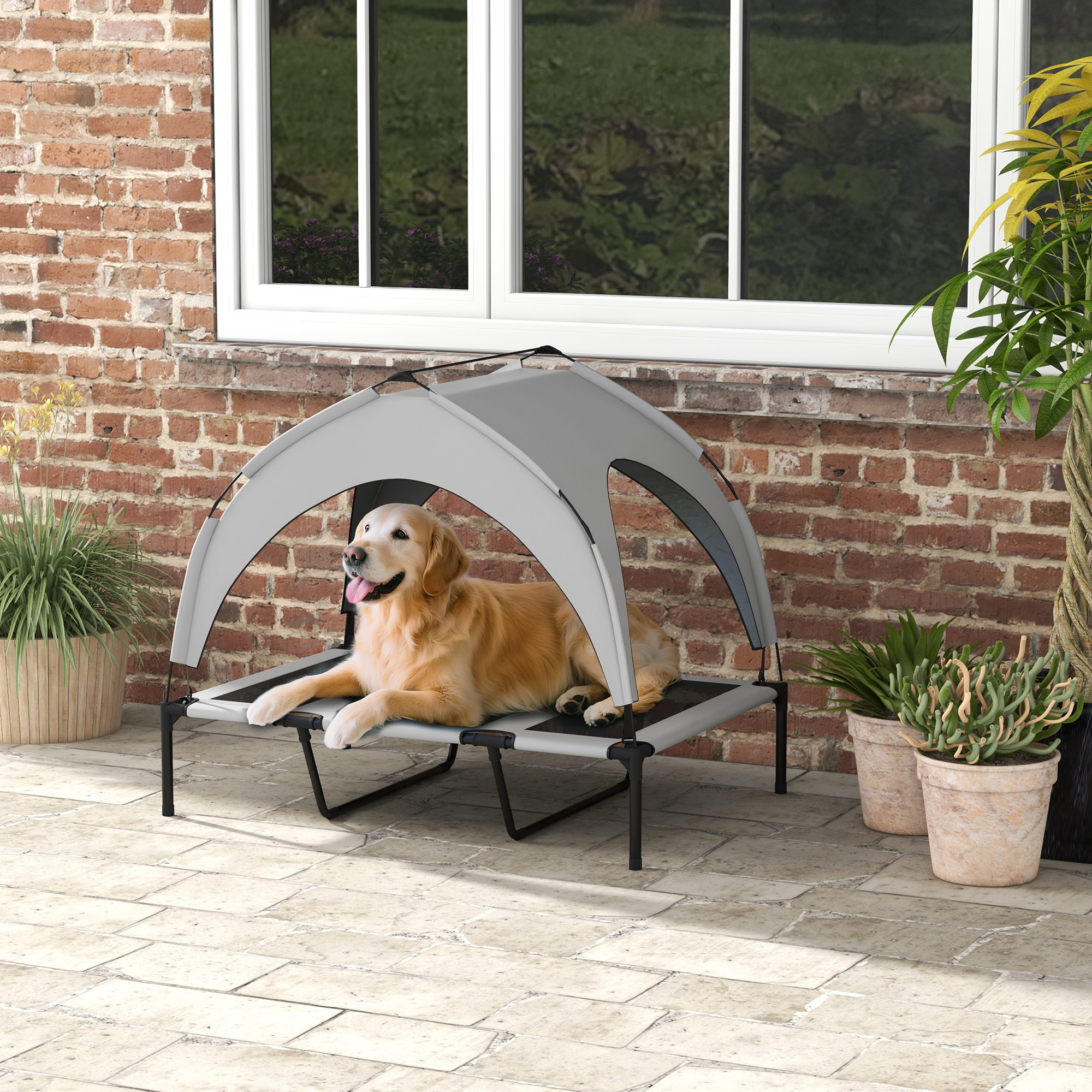 Cama para Perros Elevada con Toldo, Cama para Perros Grandes, Refrescante y Transpirable, 106x76x94 cm, con Marco de Acero y Bolsa de Transporte, para Interior y Exterior, Gris Claro