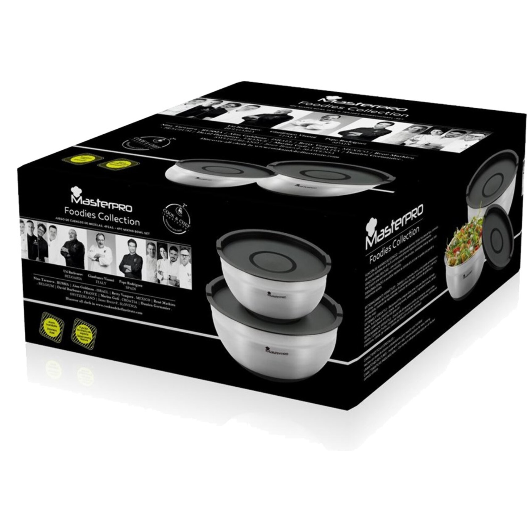 Juego de 2 Boles Ø20Ø24cm en acero inoxidable + 2 Tapas color negro FOODIES MasterPRO