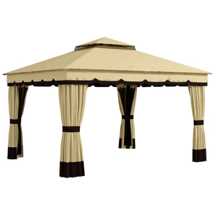 Cenador de Jardín 370x300x275 cm Gazebo de Exterior con 4 Paredes Laterales 4 Mosquiteras Doble Techo Impermeable y Anti-UV para Terraza Patio Playa Beige