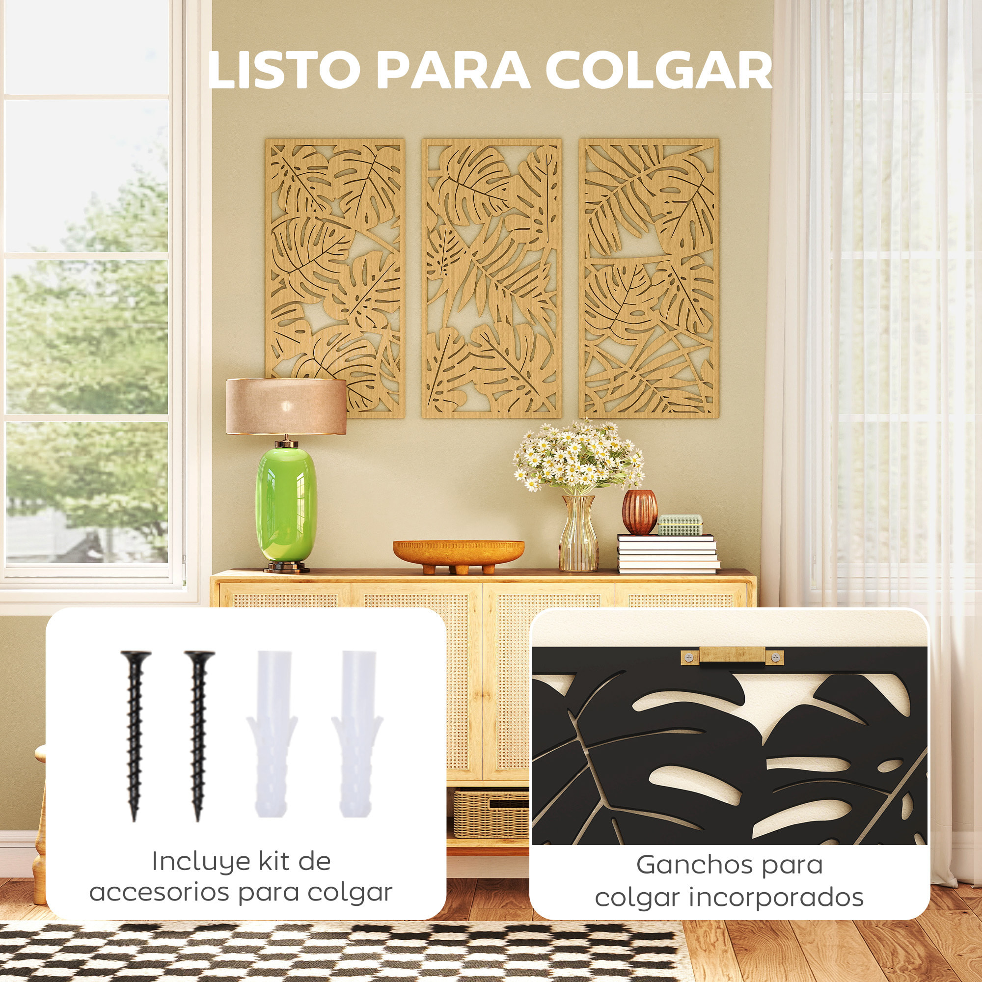 Decoración de Pared de Madera 3D, 3 Piezas, 40x80 cm, Adornos de Pared con Patrón de Hojas Tropicales, Arte Moderno para Salón, Dormitorio, Pasillo, Madera Natural