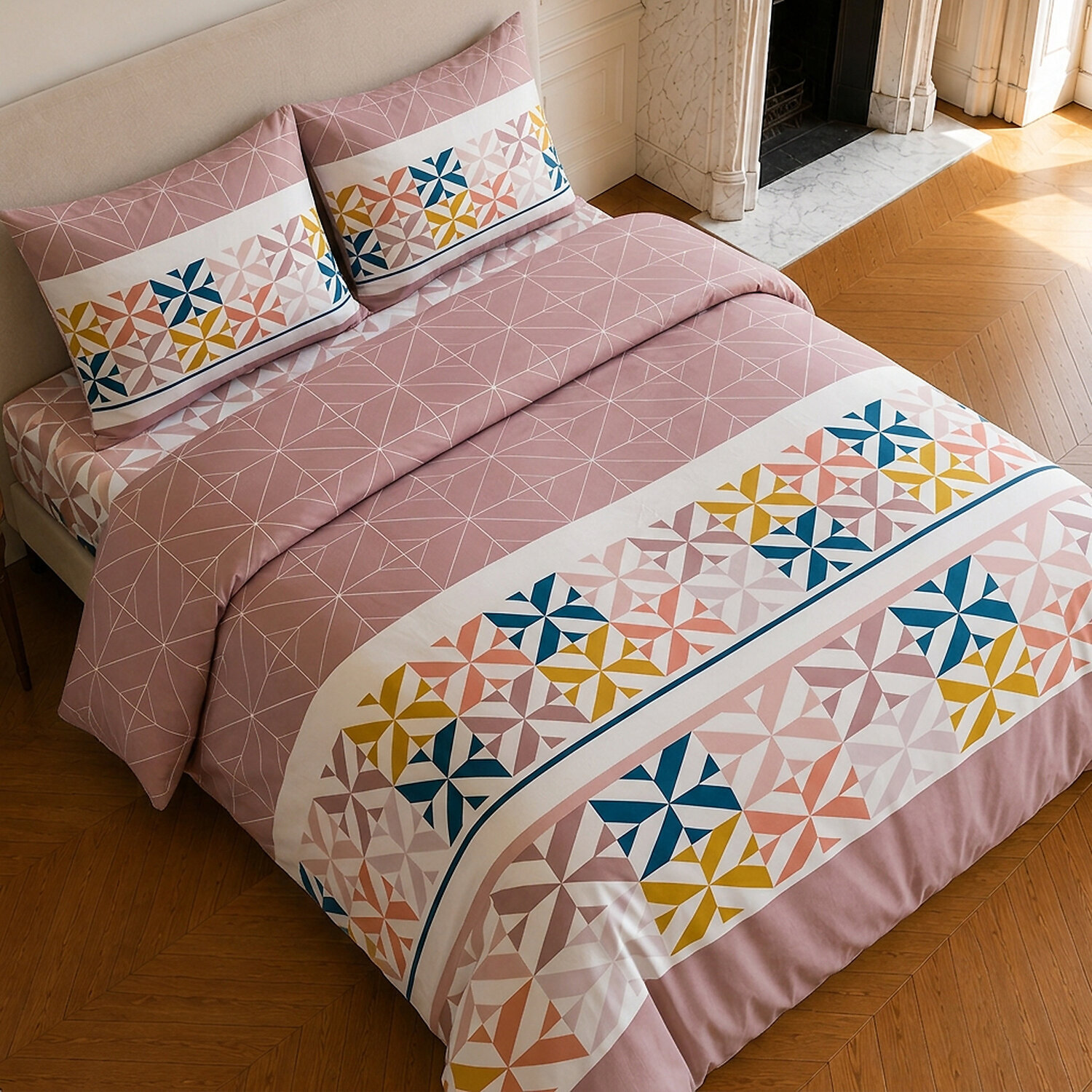 Parure housse de couette 100% coton motif géométrique - BLUEBERRY