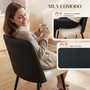 Juego de 2 Sillas de Comedor, Sillas de Cocina con Respaldo de PU de Imitación Ratán, Asiento Acolchado, Patas de Acero, para Salón, Negro y Beige