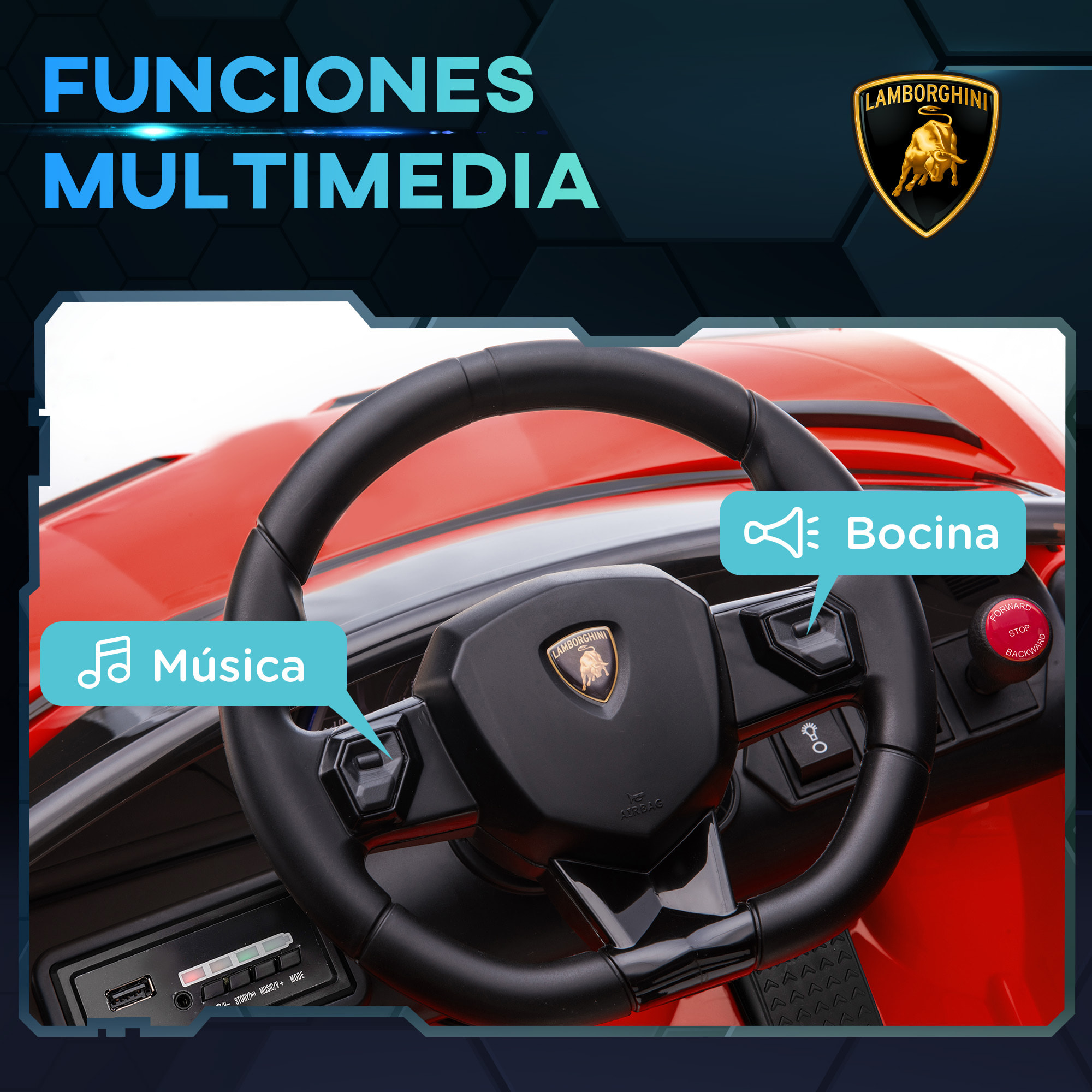 Coche Eléctrico Lamborghini para Niños Coche de Batería 12V Velocidad Max.5 km/h Puerta de Tijera con Control Remoto MP3 Luces y Cinturón de Seguridad Rojo