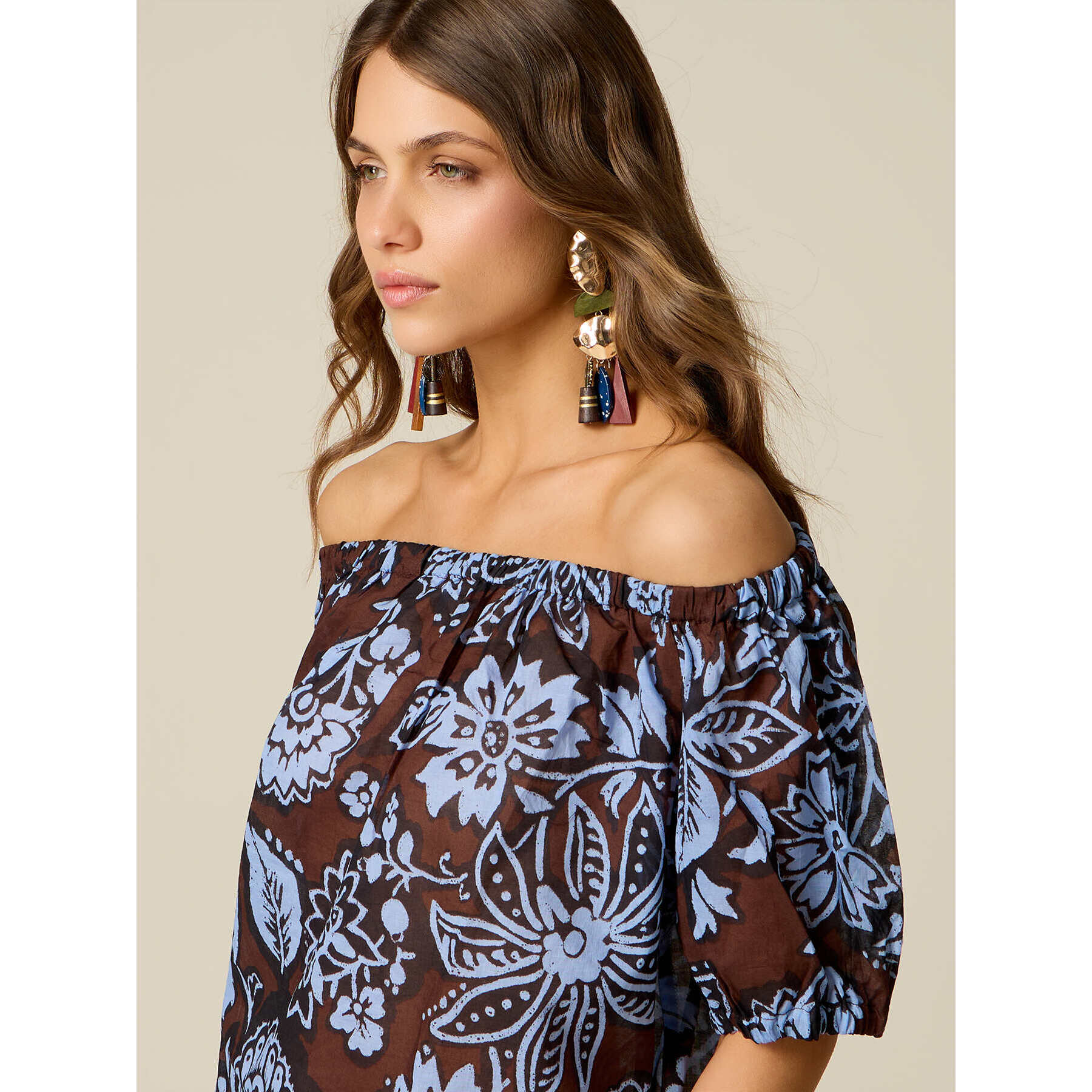 Oltre - Blusa off-shoulder in cotone - Marrone